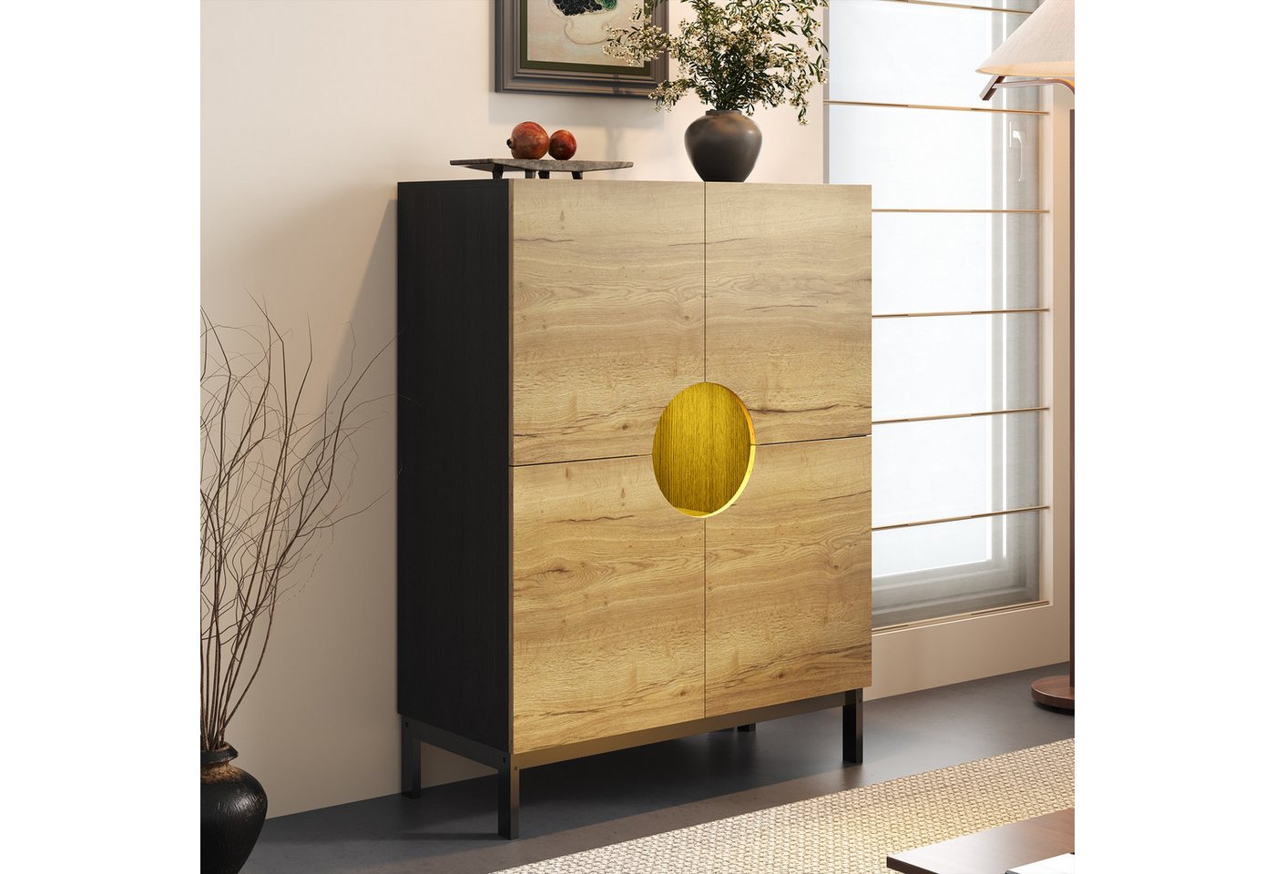 Merax Schuhschrank mit LED-Beleuchtung (1-St., Anrichte Buffetschrank 90x40x120cm) Vitrine Sideboard Kommode mit großer Stauraum & Massivholzbeinen von Merax
