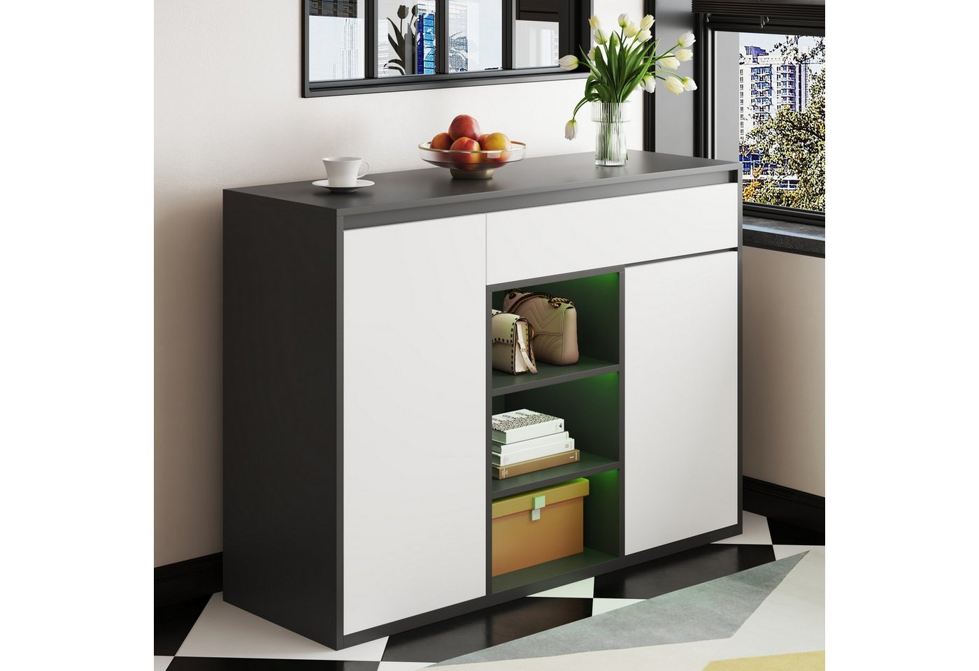 Merax Schuhschrank mit LED-Beleuchtung und verstellbare Regale (1-St) Schuhregal mit 2 Türen & 1 Schublade, Flur Diele, 105x39,5x86 cm von Merax