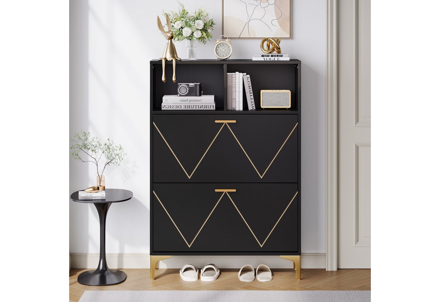 Merax Schuhschrank mit Metallbeinen & Anti-Kipp-Design (1-St., 80x25x117cm) Flurschrank mit 2 Klapptüren, 4 Schuhfächern & 2 offenen Ablagen von Merax