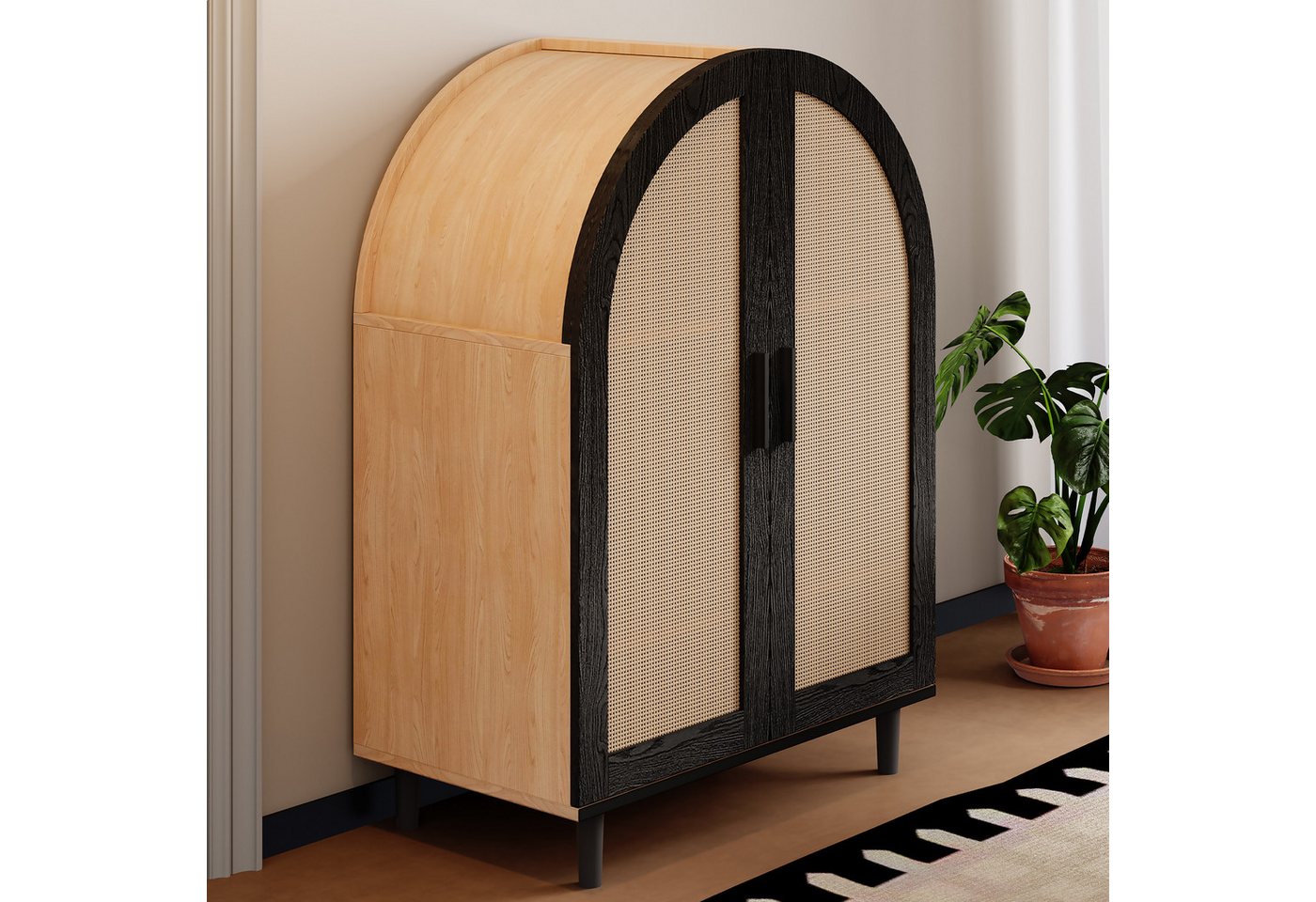 Merax Schuhschrank mit Rattantüren, 3 Regale & Metallbeine (1-St., 70L/100H/40B cm) Sideboard Schuhkommode Schuhschrank in abgerundetes Design von Merax