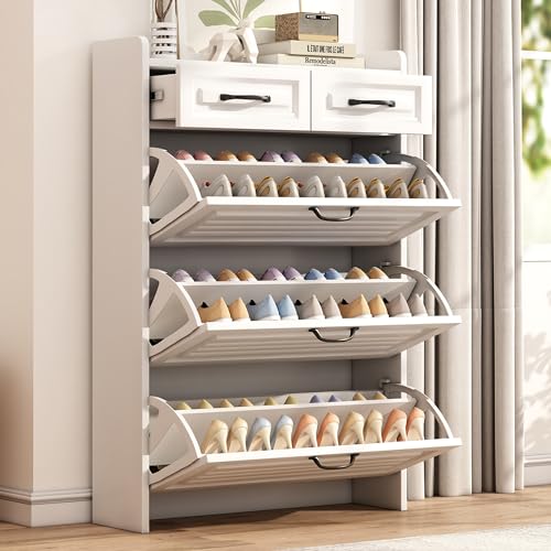 Merax Schuhschrank weiß, Schuhkipper Schmal, Holzwerkstoff Schuhschrank aus Rattan, Schuhregal mit 3 Klappenschubladen, B80/T23.5/H120 cm Merax Schuhschrank weiß, Schuhkipper Schmal, Holzwerkstoff Schuhschrank aus Rattan, Schuhregal mit 3 Klappenschubladen, B80/T23.5/H120 cm von Merax