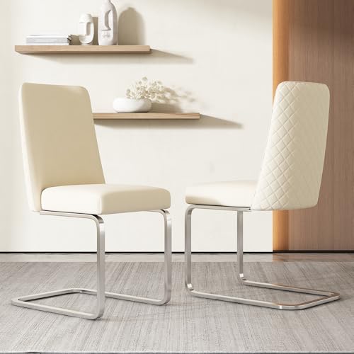 Merax Schwingstuhl 2er-Set, Samt Esszimmerstühle mit Metall-Stützbeinen, bequemer Freischwinger Stühle für Wohnzimmer, Schlafzimmer, Samt, Beige & Silber von Merax