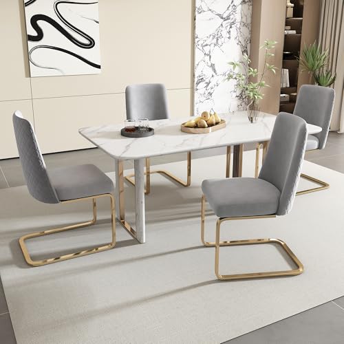 Merax Schwingstuhl 4er-Set, Samt Esszimmerstühle mit Metall-Stützbeinen, bequemer Freischwinger Stühle für Wohnzimmer, Schlafzimmer, Samt, Grau & Gold von Merax