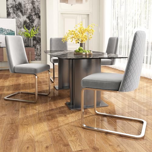 Merax Schwingstuhl 4er-Set, Samt Esszimmerstühle mit Metall-Stützbeinen, bequemer Freischwinger Stühle für Wohnzimmer, Schlafzimmer, Samt, Grau & Silber von Merax