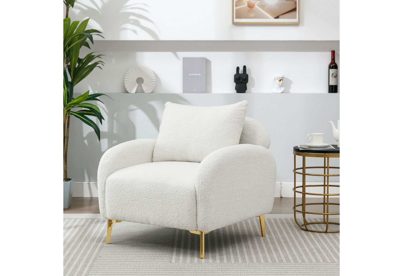 Merax Sessel mit goldenen Metallbeine und Rückenkissen, Loungesessel Teddystoff, Einzel Loungesofa, Relaxsessel von Merax