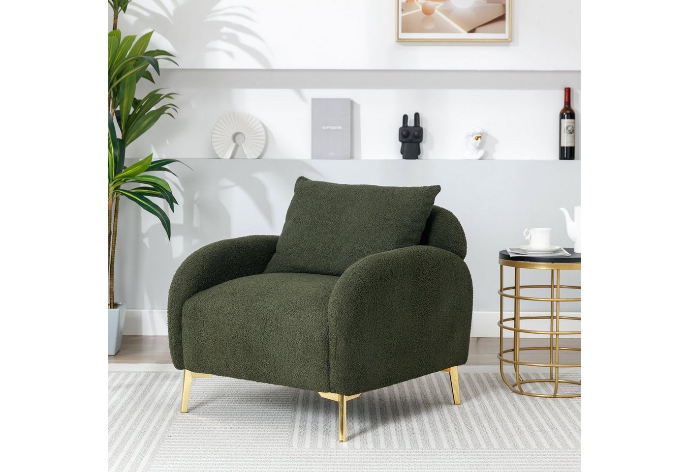 Merax Sessel mit goldenen Metallbeine und Rückenkissen, Loungesessel Teddystoff, Einzel Loungesofa, Relaxsessel von Merax