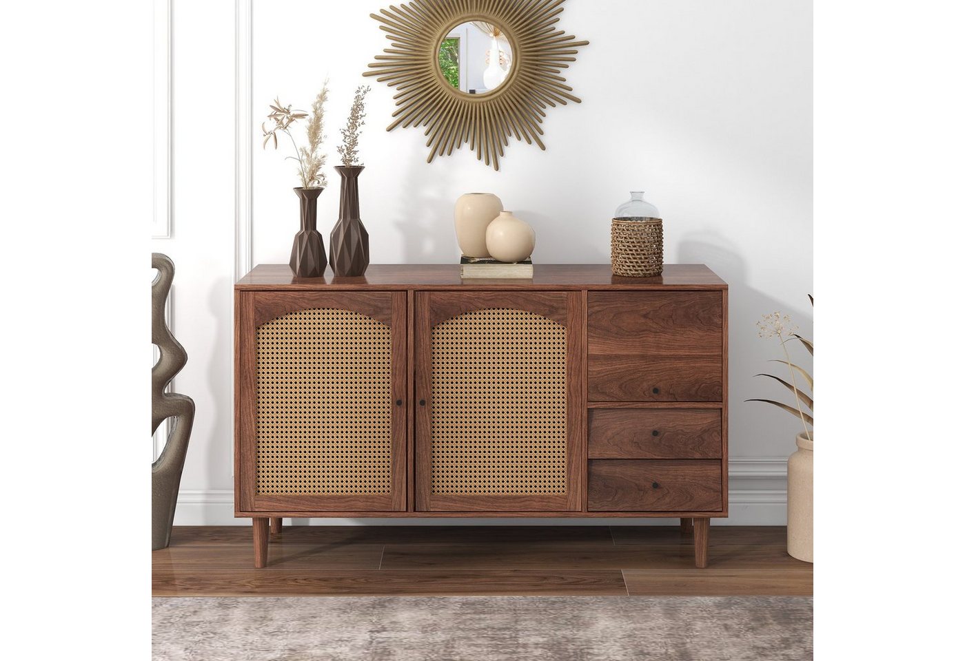 Merax Sideboard Buffet Rattan mit 3 Türen und 2 Schubladen, Antik,Landhaus Stil, Kommode aus Holz und Rattan, B/H/T:130/76/41 cm von Merax