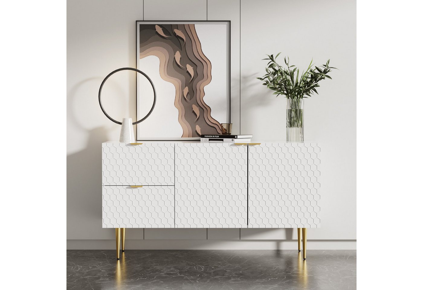 Merax Sideboard, Kommode mit Metallfüße, Anrichte, mit 2 Schubladen und Türen, B:135cm von Merax