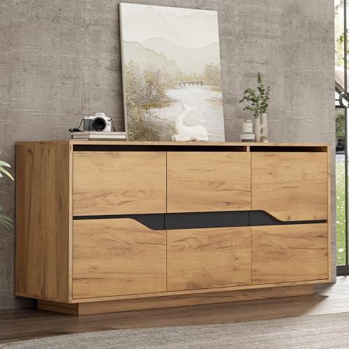 Merax Sideboard, Küchenschrank mit 3 Türen, Anrichte mit Verstellbares Regal, Modern Buffetschrank Mehrzweckschrank mit viel Stauraum, Flurschrank für Wohnzimmer, Esszimmer, 140cm, Holzfarbe & Schwarz Merax Sideboard, Küchenschrank mit 3 Türen, Anrichte mit Verstellbares Regal, Modern Buffetschrank Mehrzweckschrank mit viel Stauraum, Flurschrank für Wohnzimmer, Esszimmer, 140cm, Holzfarbe & Schwarz von Merax