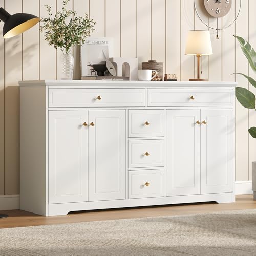 Merax Sideboard, Küchenschrank mit 5 Schubladen und 4 Türen, Aufbewahrungsschrank mit Verstellbares Regal, Buffetschrank Mehrzweckschrank mit viel Stauraum, für Wohnzimmer Esszimmer, 150cm, Weiß Merax Sideboard, Küchenschrank mit 5 Schubladen und 4 Türen, Aufbewahrungsschrank mit Verstellbares Regal, Buffetschrank Mehrzweckschrank mit viel Stauraum, für Wohnzimmer Esszimmer, 150cm, Weiß von Merax