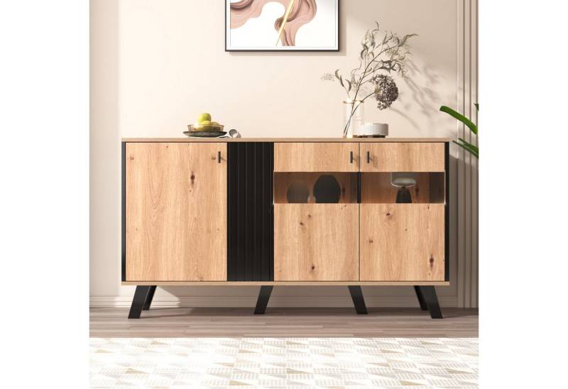 Merax Sideboard inkl. LED-Beleuchtung, B:140cm, mit 3 Türen und 6 Fächer, Anrichte, Buffet, Kommode Landhaus von Merax