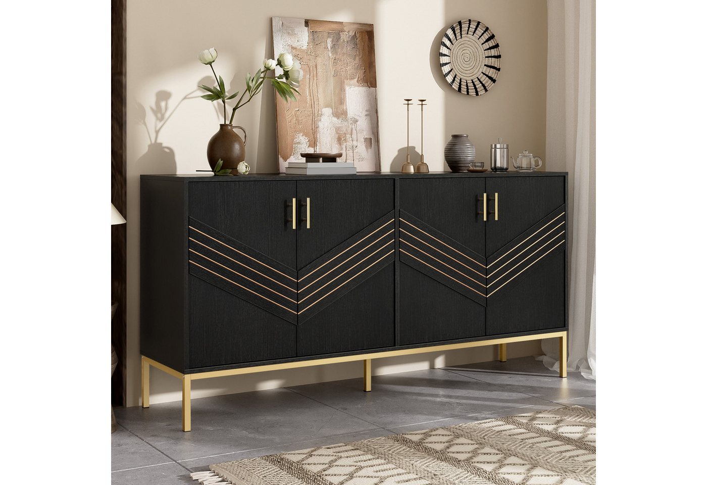 Merax Sideboard (160 L x 40 B x 80,5 H, 1 St., Buffetschrank Schrank), Kommode Anrichte mit 4 Türe,höhenverstellbaren Regalen & Metallbeinen von Merax