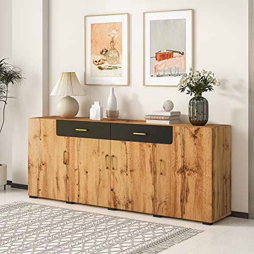 Merax Sideboard Aufbewahrungsschrank, Moderne Anrichte mit 4 Türen und 2 Schubkästen, Lagerschrank Beistellschrank mit Viel Stauraum, Buffets für Esszimmer Wohnzimmer Küche, Braun, 208 x 39.5 x 80 cm von Merax