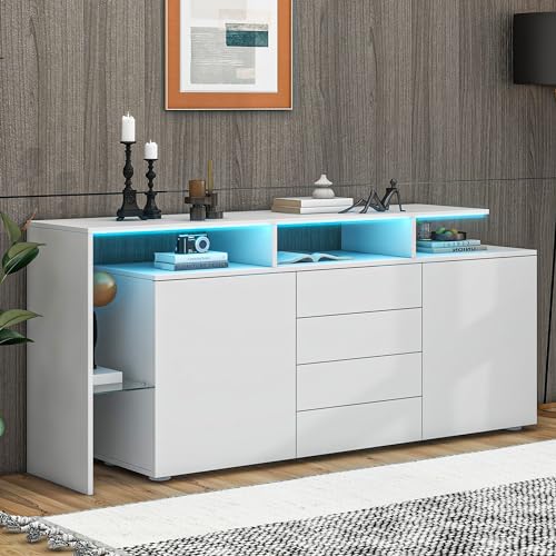 Merax Sideboard Beistellschrank mit LED-Leuchten, Hochglanz weiße Kommode mit 2 Tür & 4 Schubladen, Moderne Buffetschrank mit viel Stauraum, für Wohnzimmer, Esszimmer, Eingangsbereich, 160x35x70cm von Merax