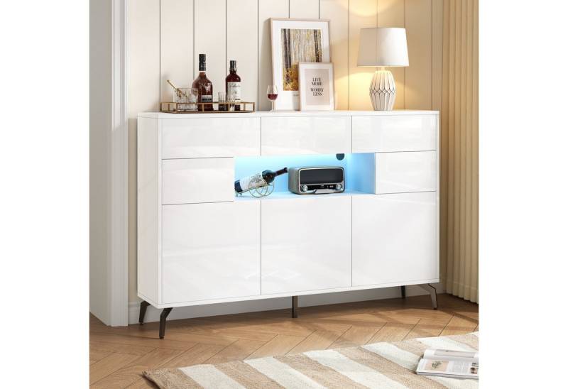 Merax Sideboard Hochglanz Buffetschrank mit LED-Beleuchtung (modernes Design für Wohnzimmer, 1 St., 140×30×94 cm), Anrichte Kommode mit 3 Schubladen & 5 Schränken & 5 Metallbeinen von Merax