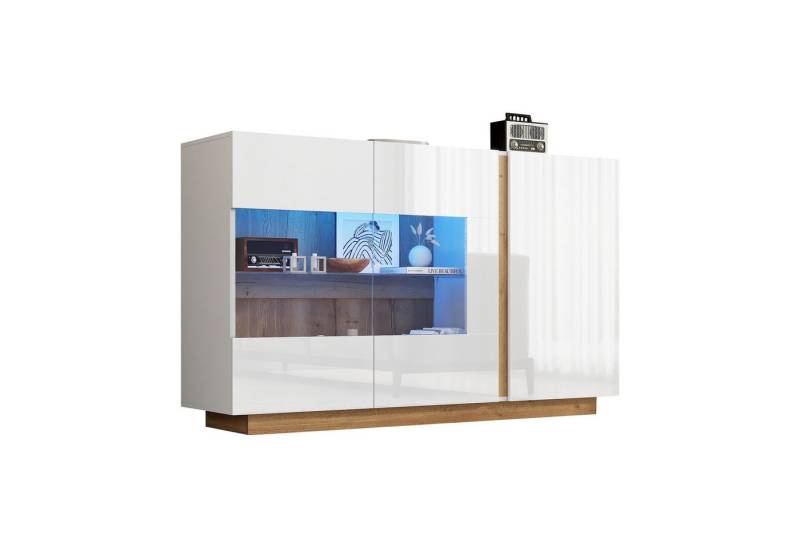 Merax Sideboard Hochglanz Kommode mit LED und Glastür (Modernes Design für Wohnzimmer und Flur), Flurschrank mit Holzsockel, Buffet, Vitrine, Breit: 138cm von Merax