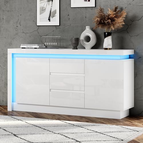 Merax Sideboard Hochglanz Weiß mit LED, Kommode mit 2 Türen und 3 Schubladen, Anrichte Buffetschrank Mehrzweckschrank mit viel Stauraum, Beistellschrank Flurschrank für Wohnzimmer, Esszimmer, 140cm von Merax