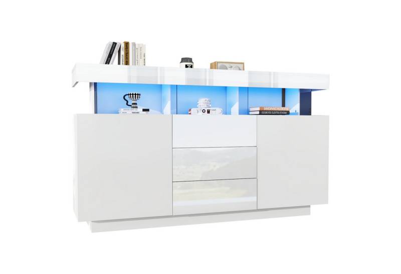 Merax Sideboard Hochglanz mit LED, Mehrzweckschrank aus Spanplatte & Acryl (1 St), Kommode mit 3 Schubladen und 2 Türen, Schrank Vitrine 140x35x80cm von Merax