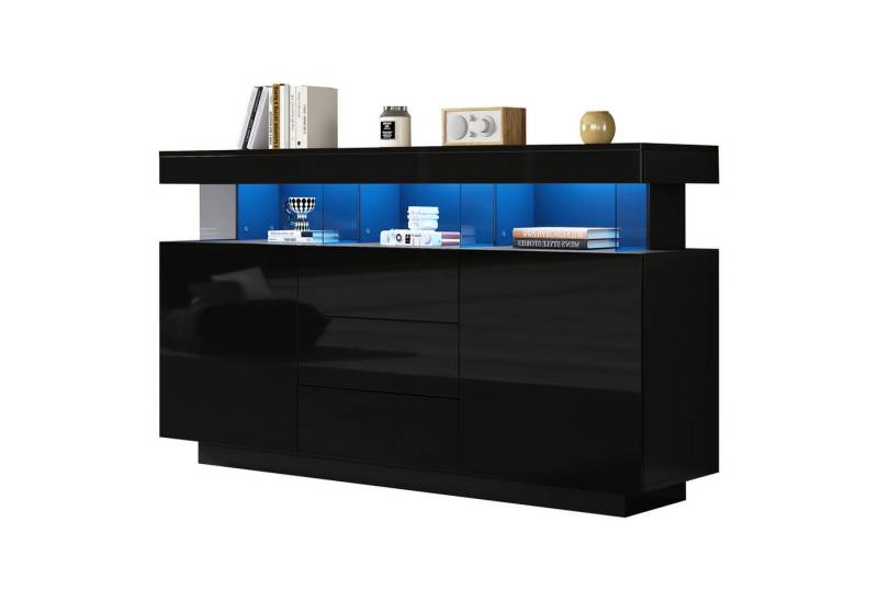 Merax Sideboard Hochglanz mit LED, Mehrzweckschrank aus Spanplatte & Acryl (1 St), Kommode mit 3 Schubladen und 2 Türen, Schrank Vitrine 140x35x80cm von Merax