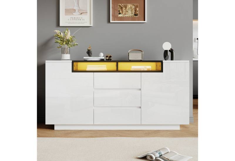 Merax Sideboard Hochglanz mit LED-Beleuchtung und verstellbaren Böden (Weiß + Schwarz, 1 St., 140×60×48 cm), Kommode mit 2 L-förmigen Türen, 3 Schubladen & halboffenen Ablagen von Merax