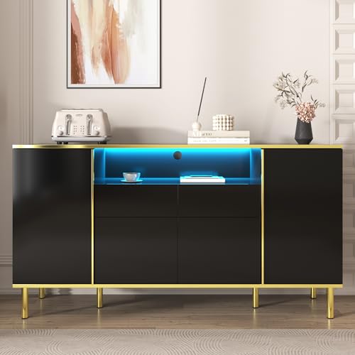 Merax Sideboard Kommode Hochglänzendes schwarz mit LED, Modernes Küchenschrank mit 4 Türen, 2 Schubladen und 1 Offenes Ablagefach, Beistellschrank Buffetschrank, für Wohnzimmer, Esszimmer, 150x40x80cm von Merax