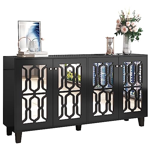 Merax Sideboard Kommode Schwarz verspiegelte, Anrichte mit 4 Türen, Moderne Beistellschrank Mehrzweckschrank mit verstellbares Regal, viel Stauraum für Wohnzimmer, Esszimmer, 160 x 40 x 84 cm von Merax