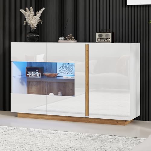 Merax Sideboard Kommode Weiße Hochglanz, Buffetschrank Küchenschrank mit LED Beleuchtung, Anrichte Flurschrank mit viel Stauraum, Verstellbare Ablage, Glastürdesign, für Wohnzimmer Esszimmer, 138cm von Merax