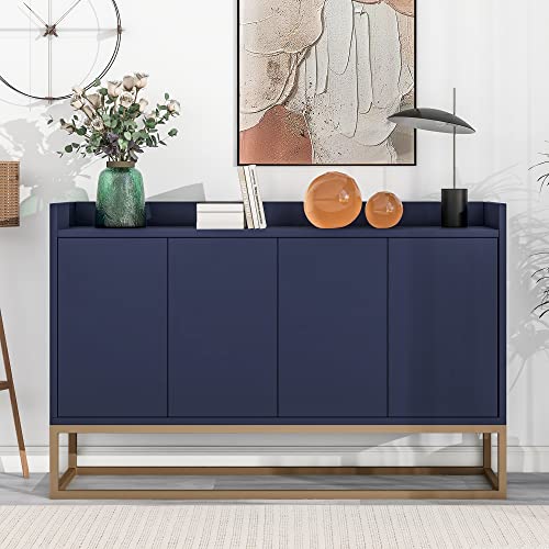 Merax Sideboard Kommode im minimalistischen Stil, Modernes Buffetschrank mit 4 Türen, Metallbeinen, Schubladenkommode mit Verstellbares Regal, Mehrzweckschrank für Esszimmer, Wohnzimmer, Marineblau von Merax