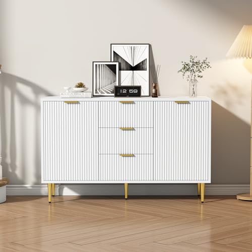 Merax Sideboard Kommode mit 2 Türen und 3 Schubladen, Weiß - Moderne Buffetschrank Esszimmerschrank Badezimmerschrank mit viel Stauraum, Metallbeinen, für Flur Schlafzimmer Wohnzimmer, 120x40x75cm von Merax