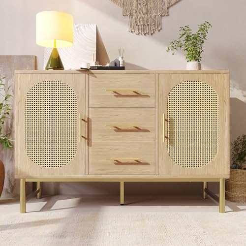 Merax Sideboard Kommode mit 3 Schubladen & 2 Türen, Rattan Buffetschrank mit Verstellbares Ablage, Schließfach für Schlafzimmer, Wohnzimmer, Esszimmer, mit Metallgriffen, Sonoma Eiche, 120x40x74cm von Merax