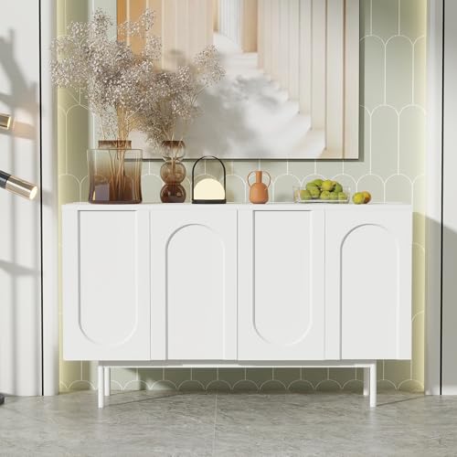 Merax Sideboard Kommode mit 4 gewölbten Türen, MDF-Struktur, weiß – Ideal für Esszimmer und Wohnzimmer, Flexibler Stauraum – Vollständig montiert, Tischplatte bis 40 kg belastbar von Merax