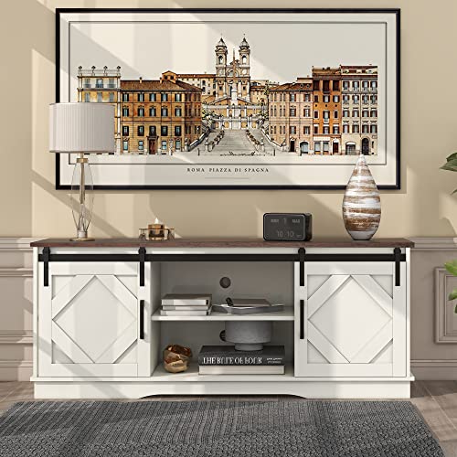 Merax Sideboard Küchenschrank, Industrial Design TV-Ständer Aufbewahrungsschrank mit 2 Schiebetüren und Verstellbare Ablage, Landhausstil Beistellschrank für Wohnzimmer, Esszimmer, Weiss & Braun von Merax