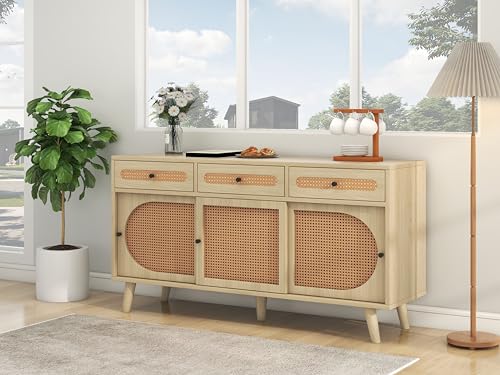 Merax Sideboard Küchenschrank Buffetschrank Küchenmöbel Kommode Holz mit PE-Kunststoff-Rattantür 3 Schubladen Sideboard mit 3 Schiebetüren 140cm küchenschrank küchenbuffet buffetschrank von Merax