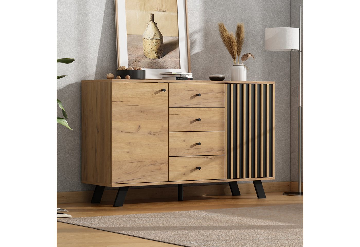 Merax Sideboard Sideboard mit Massivholzbeinen und Holzoptik (Buffetschrank, 1 St., 120*38*75 cm), Kommode mit 4 Schubladen & 2 Schränken, Anrichte mit hohlem Design von Merax