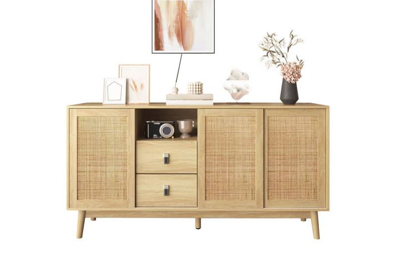 Merax Sideboard Skandi mit 3 Schiebetüren und 2 Schubladen (155 L x 38 B x 80 H, Brise), Rattan geflecht Kommode, Anrichte, Schrank mit Holzfüßen, Breit:155cm von Merax