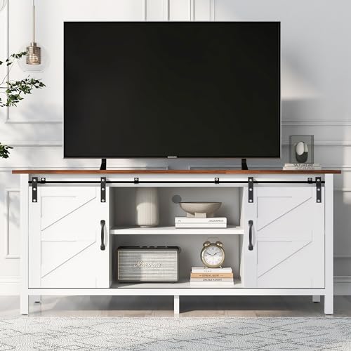 Merax Sideboard TV-Ständer mit LED, Industrial Design Aufbewahrungsschrank mit 2 Schiebetüren und Verstellbare Ablage, Küchenschrank für Wohnzimmer Esszimmer, Entertainment Center, Weiß & Braun von Merax