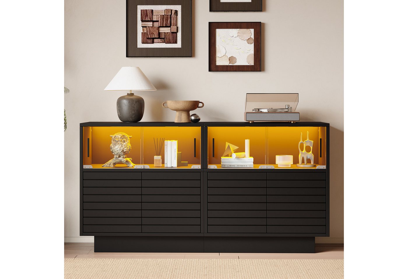 Merax Sideboard Vitrinenschrank mit LED-Beleuchtung (Buffetschrank Anrichte, 1 St., für Wohnzimmer oder Flur), Kommode mit 4 Glastüren, 2 Schränken und großer Ablagefläche von Merax