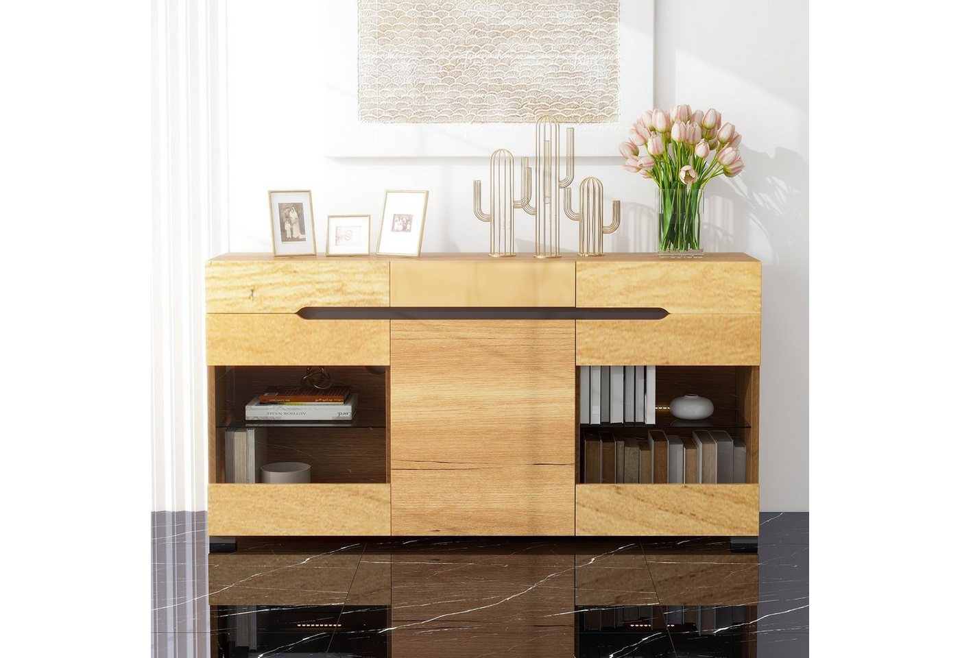 Merax Sideboard Wildeiche Farbe mit LED, Anrichte mit Glasablage, Kommde mit 3 Schubladen und 6 Fächern, B/H/T: 140/80/35cm von Merax