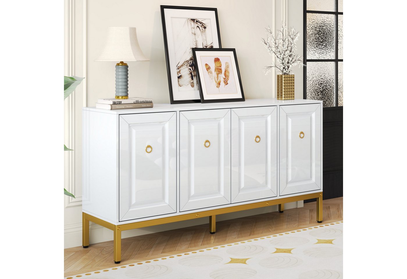 Merax Sideboard hochglanz Aufbewahrungsschrank mit goldenen Beinen (1 St), Anrichte Kommode mit 4 Türen & verstellbare Einlegeböden, 140x40x80cm von Merax