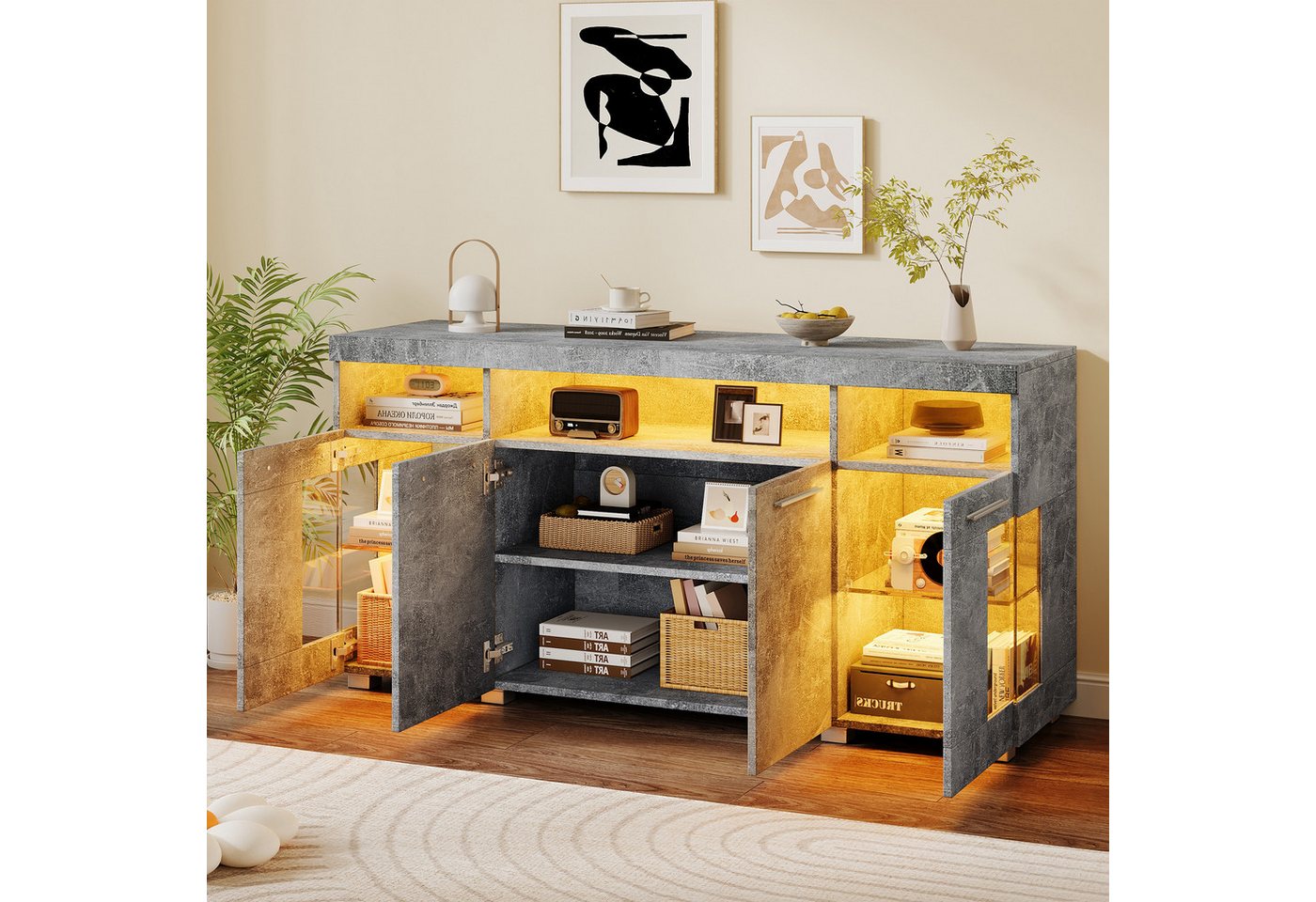 Merax Sideboard hochglanz Buffetschrank mit LED-Beleuchtung (1 St), Kommode mit 3 Fächern, Glastüren und 6 Ablagen, Anrichte 140x40x70cm von Merax