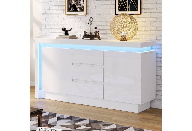 Merax Sideboard hochglanz Weiß Buffetschrank mit LED- Beleuchtung (1 St., 140x35x72 cm), Kommode Anrichte mit 2 Türen,3 Schubladen & verstellbaren Einlegeböden von Merax