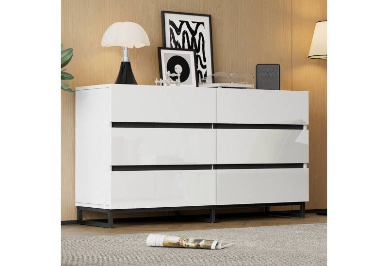 Merax Sideboard hochglanz Wohnzimmerschrank in Weiß-Schwarz (1 St., Anrichte Buffetschrank), Kommode mit 6 Schubladen, Metallbeine & Stauraum, 140x39,5x78,5cm von Merax