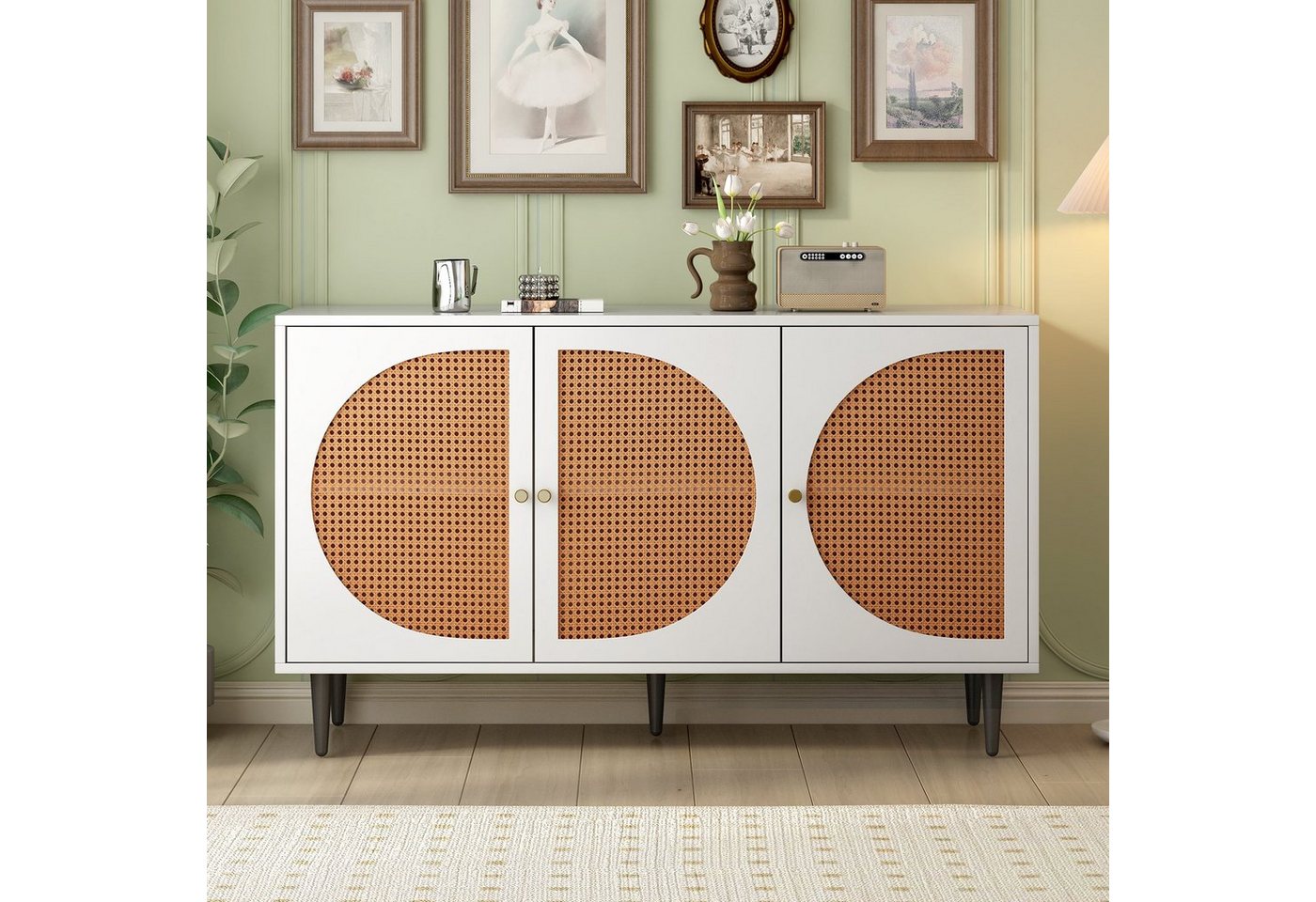 Merax Sideboard im Vintage-Stil mit 6 Fächern, Kommode mit 3 Rattan-Türen und Metallbeine, Breite 130cm von Merax