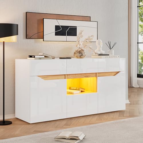 Merax Sideboard in Hochglanz Weiß, Moderne Kommode Aufbewahrungsschrank mit LED-Beleuchtung, Küchenschrank Buffetschrank mit 2 Türen, 4 Schubladen, Mehrzweckschrank für Esszimmer, Wohnzimmer, Küche von Merax