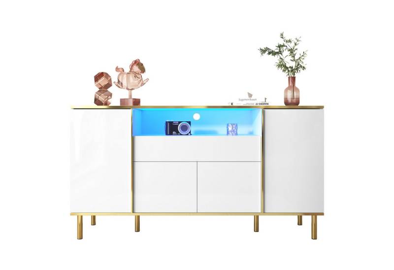 Merax Sideboard in Hochglanz mit LED- Beleuchtung (1 St), Kommode mit Schublade & 4 Türen,Anrichte mit goldenen Akzenten,B:150cm von Merax
