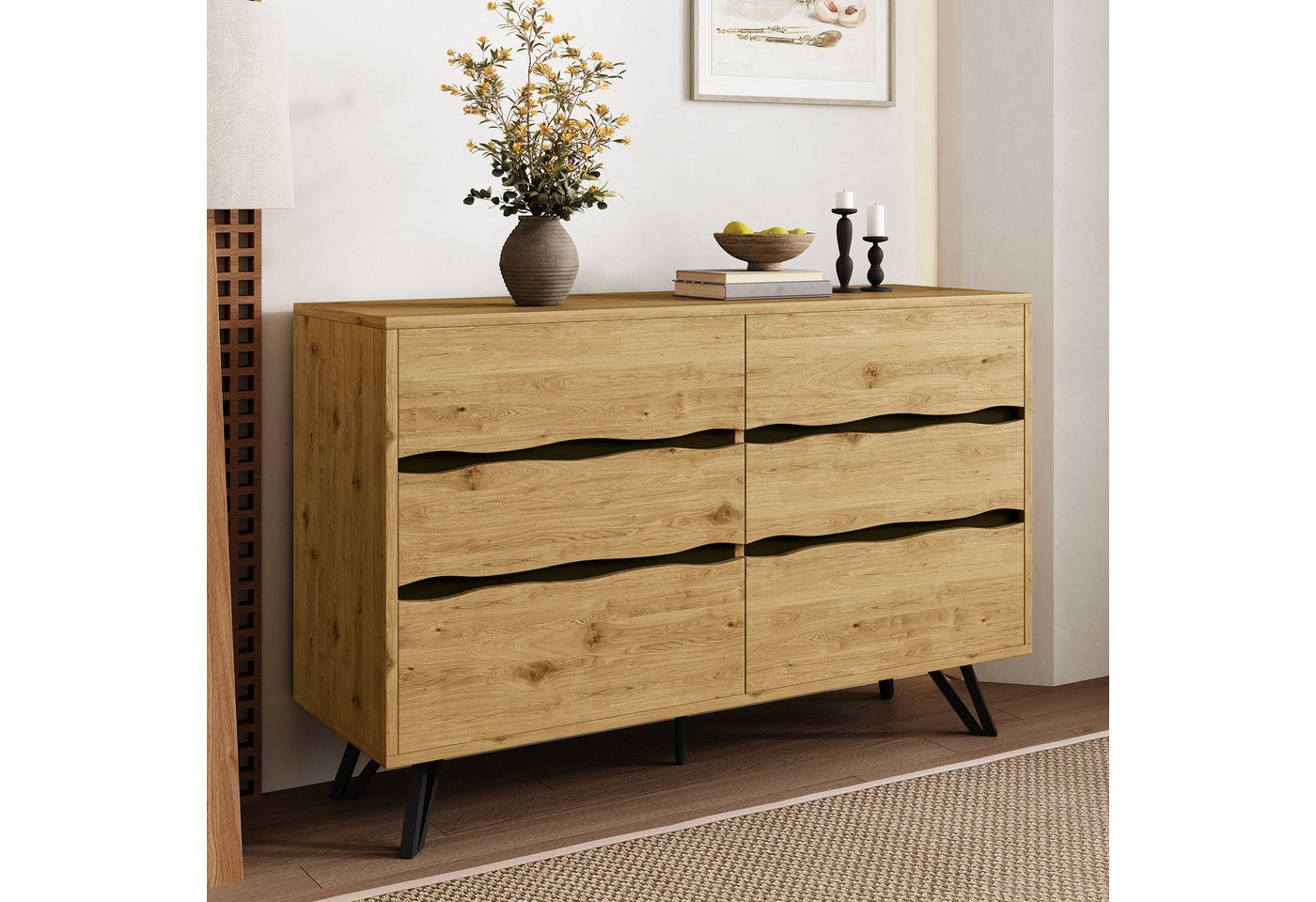 Merax Sideboard in Holzoptik (Für Wohnzimmer, Esszimmer & Flur, 1 St., 120x40x75,5 cm), Kommode mit 6 Schubladen, Wellenfronten, Stauraum & Metallfüßen von Merax