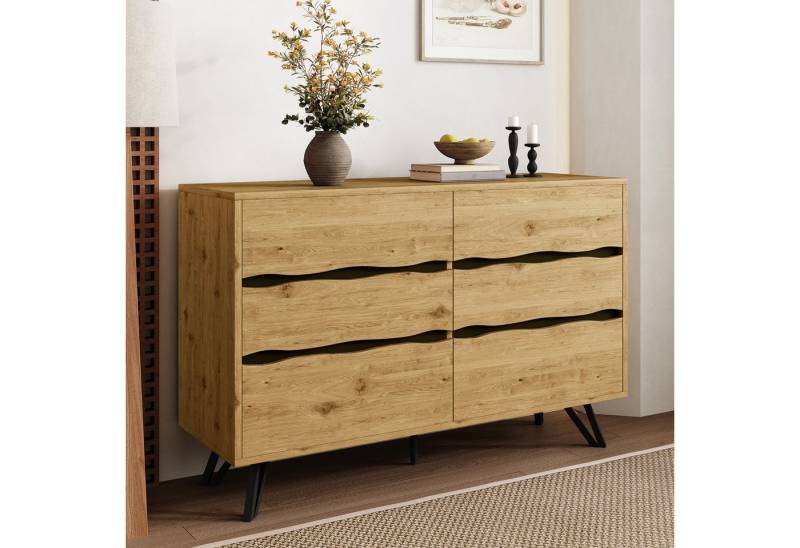 Merax Sideboard in Holzoptik (Für Wohnzimmer, Esszimmer & Flur, 1 St., 120x40x75,5 cm), Kommode mit 6 Schubladen, Wellenfronten, Stauraum & Metallfüßen von Merax