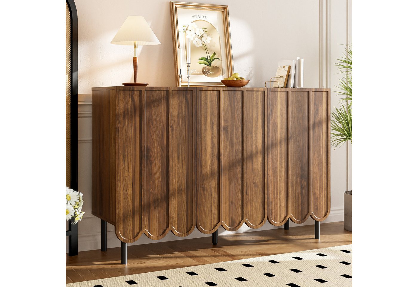 Merax Sideboard in Holzoptik mit Push-to-Open-System (Buffetschrank Anrichte, 1 St), Kommode mit 3 Wellentüren & verstellbaren Regalen, 120x35x80cm von Merax