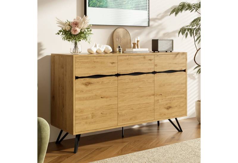 Merax Sideboard in Holzoptik mit schwarzen Metallbeinen (1 St., 140x40x75,5 cm), Buffetschrank Kommode Anrichte mit 3 Türen, Fächern & Stauraum von Merax