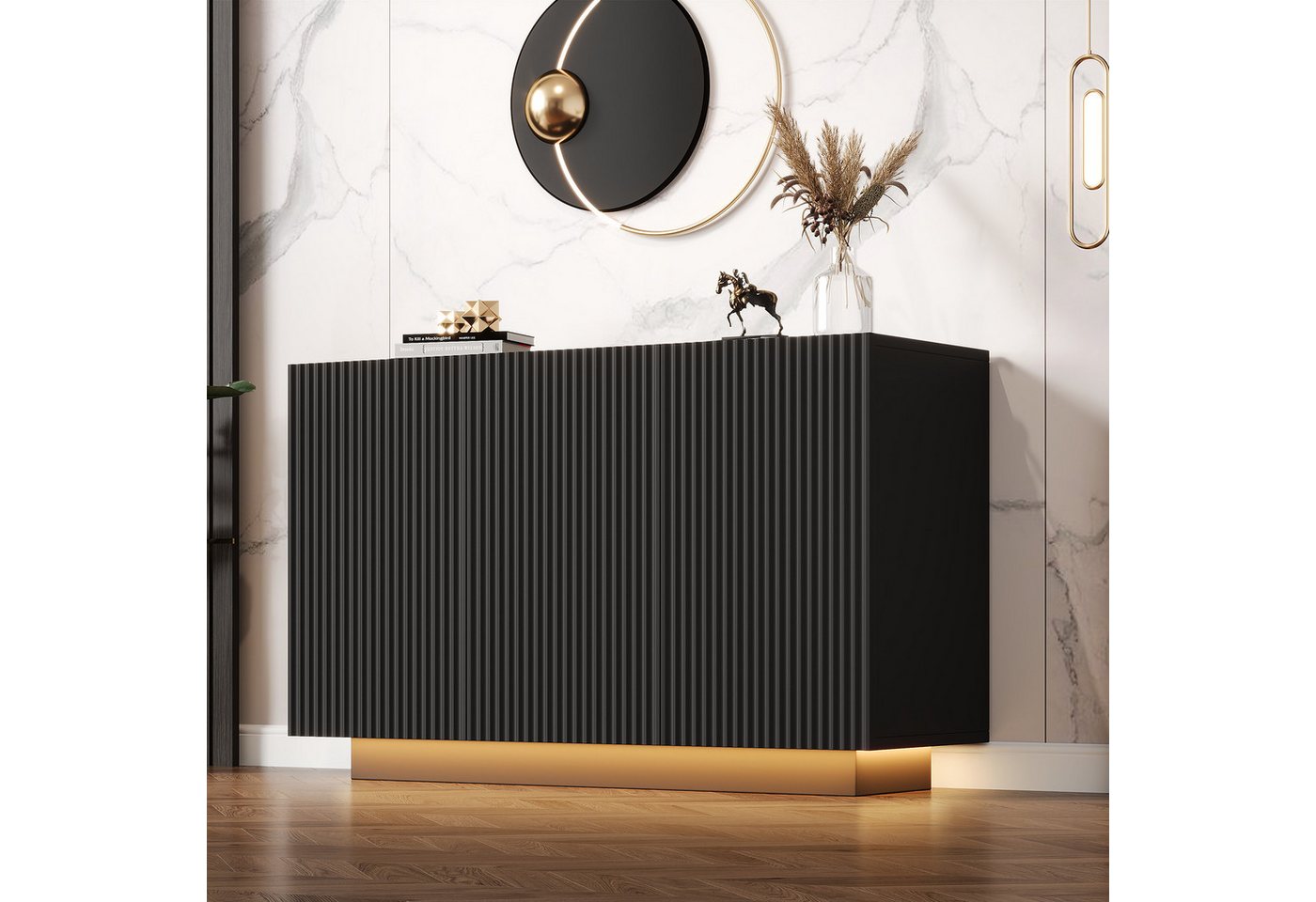 Merax Sideboard in Schwarz-Marmoroptik (1 St., Buffetschrank mit Push-to-Open-Funktion), Kommode mit LED & Bluetooth, Anrichte mit 3 Türen & Stauraum, B:120cm von Merax